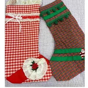 Vintage Handmade Christmas Stockings Plaid & Gingham, Set of 2